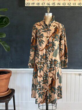 Las Sureñas Tiger Peacock Print Linen Cotton Shirt Dress M